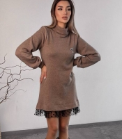 Платье женское ангоровое трикотажное с фатиновой вставкой и декоративной брошью осенне-зимнее