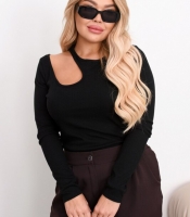 Лонгслив женский осенне-зимний из рубчика с асимметричным вырезом облегающий базовый