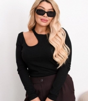 Лонгслив женский осенне-зимний из рубчика с асимметричным вырезом облегающий базовый