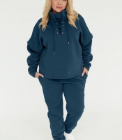 Костюм спортивный женский осенне-зимний из трехнитки на флисе с трендовым воротом и прямыми штанами темно-зеленый