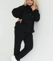 Костюм спортивный женский осенне-зимний из трехнитки на флисе с трендовым воротом и прямыми штанами черный