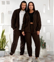 Универсальный костюм унисекс коричневый осенне-зимний из полар-флиса с кофтой на молнии и утеплёнными джоггерами