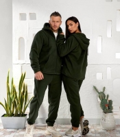 Универсальный костюм унисекс хаки осенне-зимний из полар-флиса с кофтой на молнии и утеплёнными джоггерами