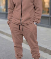 Спортивный костюм мужской бежевый осенне-зимний из полар-флиса с кофтой на молнии и утеплёнными джоггерами