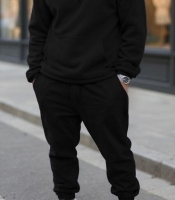Спортивный костюм мужской черный осенне-зимний из двустороннего полар-флиса с худи и джоггерами