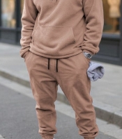 Спортивный костюм мужской бежевый осенне-зимний из двустороннего полар-флиса с худи и джоггерами