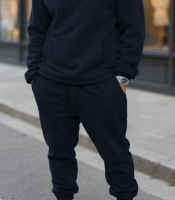 Спортивный костюм мужской синий осенне-зимний из двустороннего полар-флиса с худи и джоггерами