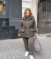 Спортивный костюм-тройка женский хаки осенне-зимний из трёхнитки с начёсом с жилеткой-баранчик на синтепоне
