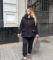 Спортивный костюм-тройка женский черный осенне-зимний из трёхнитки с начёсом с жилеткой-баранчик на синтепоне