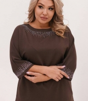 Блуза женская двунитка коричневая с декоративным орнаментом осенняя зимняя