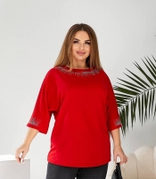 Блуза женская двунитка красная с декоративным орнаментом осенняя зимняя