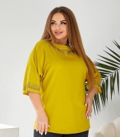 Блуза женская двунитка горчичная с геометричным декором осенняя зимняя