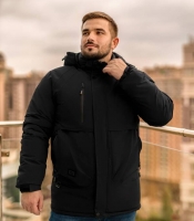 Куртка чоловіча зимняя утеплённая плащівкова чорная з капюшоном осенняя зимняя