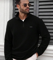 Худі чоловіче флісове на застібці півзип утеплене чорне осіннє зимнє