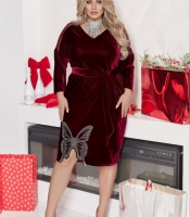 Платье женское бархатное велюровое с V-вырезом и 3D-аппликацией бабочки осеннее зимнее