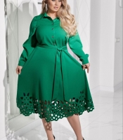 Платье-рубашка женское костюмка диагональ с поясом и laser-cut декором осеннее зимнее