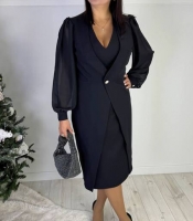 Платье женское миди на запах с шифоновыми рукавами и декоративной пуговицей осеннее