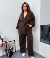Костюм двойка женский ангорный двусторонний оверсайз с поясом и прямыми брюками осенний