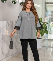 Костюм женский двойка люрекс трикотажная блуза с мереживом и брюки креп-дайвинг осенний