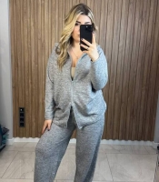 Костюм женский ангора двойка оверсайз тёплый с кофтой на змейке и широкими штанами осенний