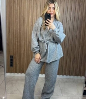 Костюм женский ангора двойка оверсайз тёплый с кардиганом и широкими штанами осенний