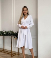 Платье женское из костюмной ткани с имитацией запаха расклешенное с поясом осенний зимний