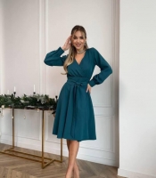 Платье женское из костюмной ткани с имитацией запаха расклешенное с поясом осенний зимний