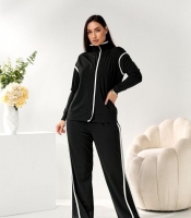 Костюм-двойка женский из итальянского трикотажа брючный с кофтой на молнии с контрастной окантовкой и карманами большие размеры осенний зимний