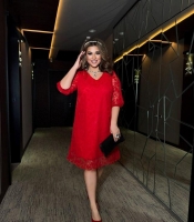 Платье женское трапеция свободного кроя кружевное с V-образным вырезом осенне-зимнее Size+