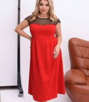 Платье-трапеция женское из креп дайвинга свободного кроя миди с кокеткой из сеточки в горох демисезонное