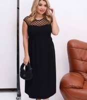 Платье-трапеция женское из креп дайвинга свободного кроя миди с кокеткой из сеточки в горох демисезонное