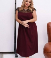 Платье-трапеция женское из креп дайвинга свободного кроя миди с кокеткой из сеточки в горох демисезонное