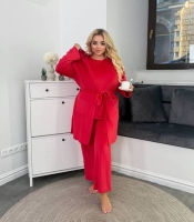 Домашний костюм женский велюровый пижамный тройка: кардиган с поясом кофточка и брюки зимний