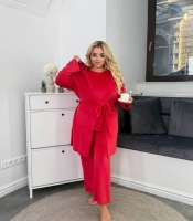 Домашний костюм женский велюровый пижамный тройка: кардиган с поясом кофточка и брюки зимний