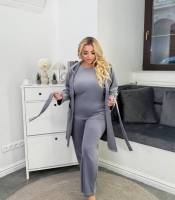 Домашний костюм женский велюровый пижамный тройка: кардиган с поясом кофточка и брюки зимний