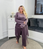 Домашний костюм женский из велюра спорт тройка: лонгслив, брюки и халат с поясом повседневный зимний