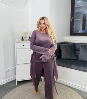 Домашний костюм женский из велюра спорт тройка: лонгслив, брюки и халат с поясом повседневный зимний