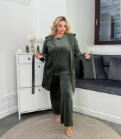 Домашний комплект женский из велюра тройка пижамный: халат на запах с поясом футболка и широкие штаны уютный