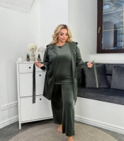 Домашний комплект женский из велюра тройка пижамный: халат на запах с поясом футболка и широкие штаны уютный