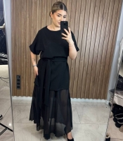 Костюм женский из костюмной ткани и шифона двойка платье с поясом и юбка миди повседневный летний