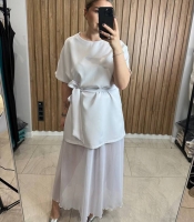 Костюм женский из костюмной ткани и шифона двойка платье с поясом и юбка миди повседневный летний