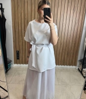 Костюм женский из костюмной ткани и шифона двойка платье с поясом и юбка миди повседневный летний