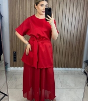 Костюм женский двойка из костюмной ткани и шифона: платье с поясом и юбка миди с лёгким прозрачным низом повседневный