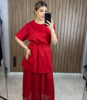 Костюм женский двойка из костюмной ткани и шифона: платье с поясом и юбка миди с лёгким прозрачным низом повседневный