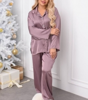 Домашний комплект женский из Армани шелка пижамный сорочка на пуговицах и прямые штаны на резинке с длинным рукавом