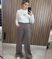 Брюки женские утепленные из трехнитки на флисе широкие прямые с высокой посадкой на резинке повседневные осенние