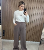 Брюки женские утепленные из трехнитки на флисе широкие прямые с высокой посадкой на резинке повседневные осенние