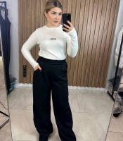 Брюки женские утепленные из трехнитки на флисе широкие прямые с высокой посадкой на резинке повседневные осенние