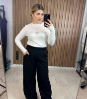 Брюки женские утепленные из трехнитки на флисе широкие прямые с высокой посадкой на резинке повседневные осенние