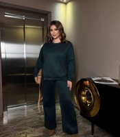 Костюм-двойка женский из замши на дайвинге свитшот свободного кроя с декоративными пуговицами и брюки палаццо повседневный осенний